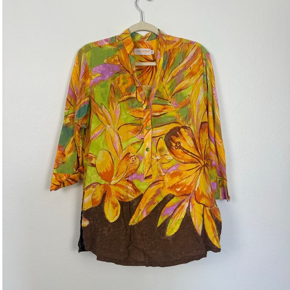 Jams World Hibiscus Twist in Orange Quarter Sleeve Tunic Blouse Small
